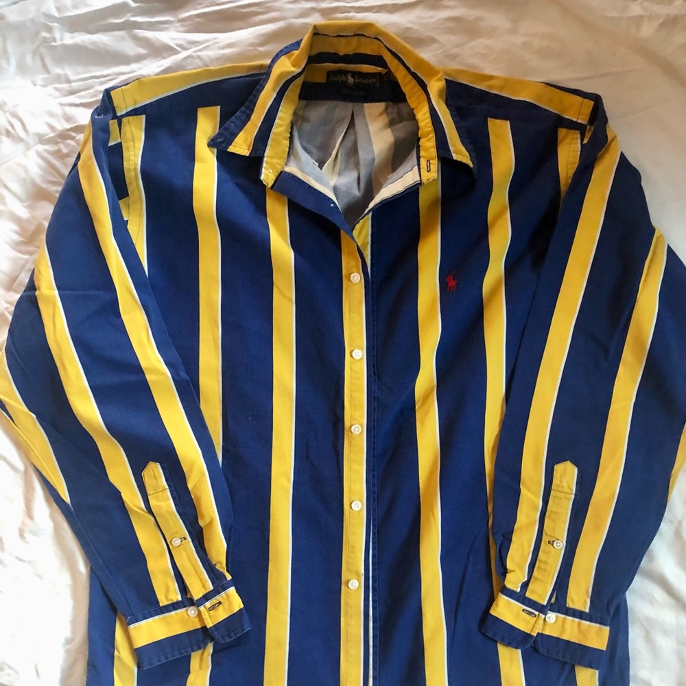 Vintage Ralph Lauren Mens Size L Vertical Blue And Yellow Striped Button Down